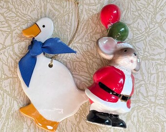 Vintage Ceramic Christmas Ornament Pair: Collectible Japan Mouse With Balloons, Goose Tree Ornament