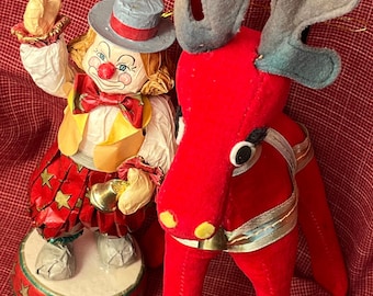 Vintage 1961 Dakin Stuffed Felt Christmas Moose, Bonus Clown Ornament