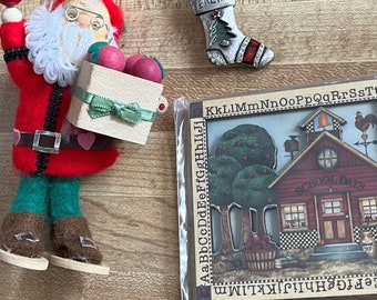 Teacher Gifts: Rare Felt Wood Santa w/Apples, Stocking Brooch, Bonus Debbie Mumm Magnet