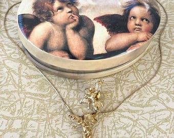 Vintage Guardian Angel/Cherub Jewelry Set: Unmarked Pendant Necklace & Lapel Pin/Tie Tack Bonus Avon Angel/Cherub Tin Angel/Cherub Gift