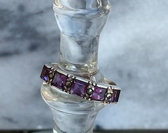 Vintage Marked 925 Deco 8 1/4 Ring: Purple Marcasite Stones, Band Style, Princess Cut, Extras