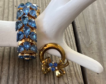 1950s/60s Expandable Blue Rhinestone Bracelet: Rare Watch Band Style Hong Kong Gold Tone