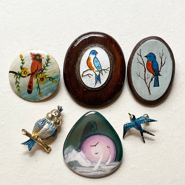 Vintage/Antique Bird Brooch Trio Bird Lovers Brooch Gifts Guilloché Wood Hand Painted Porcelain Robin Cardinal 3 Bonus Bird Brooches