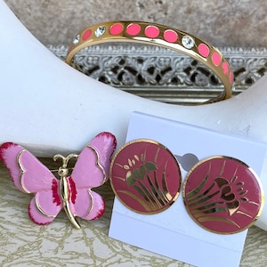 Vintage Costume Pink Enamel Bling Trio Kate Spade Bangle Gerry’s Butterfly Brooch Floral Posts Bonus Kate Spade Bag Pink Bling Value Lot