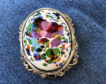 1960s Enamel on Copper Brooch Pendant, Abstract Floral Design, Bonus Chain