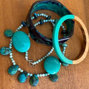 Vintage Teal Jewelry Set: Dyed Stone Necklace, Lucite Bangles, W Germany Earrings