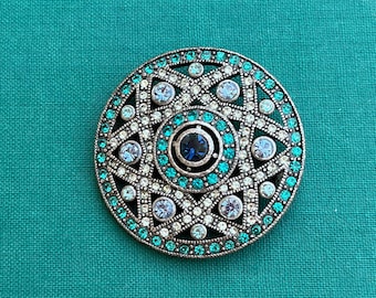 Vintage Star of David Rhinestone Brooch: Rhinestone, Pewter, Round, Open Work, Ornate, Blues