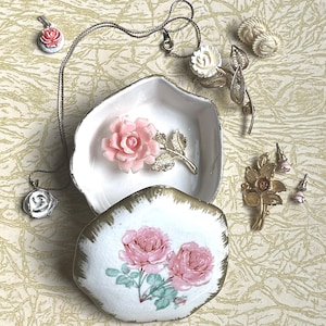 Vintage Rose Jewelry Collection: Capodimonte Dish, Necklace, Sterling Locket, Brooches, Earrings