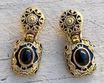 Rare CRAFT(GemCraft) Marked Clip Earrings: Ornate, Heavy, Victorian Etruscan Revival, Gold Tone