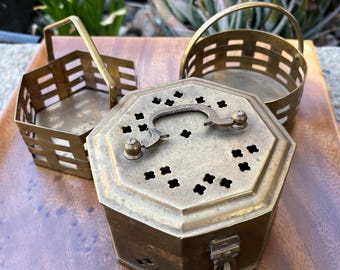 Vintage India Brass Box & Basket Trio: Octagonal, Hexagon, Round