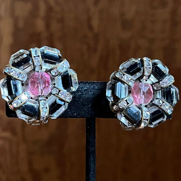 Vintage Hobé Clip On Earrings Pink Black Art Glass Bead Silver Tone Collectible Hobé Jewelry VTG Designer Hobé Jewelry
