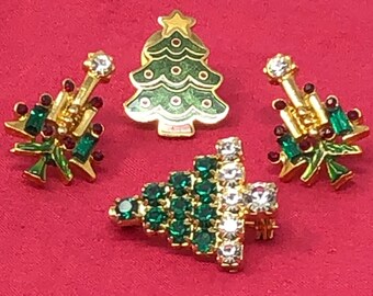 Vintage Christmas Tree Jewelry Trio: Rhinestone Brooch, Enamel Earrings, Hallmark Pin