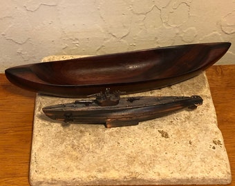 Vintage Gato Submarine Pencil Sharpener & Wood Boat Coin Dish, Man Cave Gift