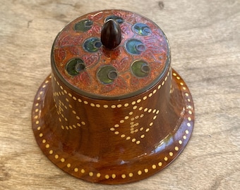 Vintage Inlaid Wood Trinket Box, Cloisonné Brass Lid, Initial E