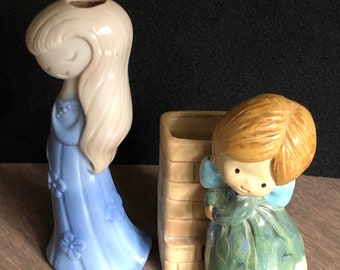 1960s/70s Rare Ceramic Smiling Girl Bud Vases UCTCI Stoneware Brick Girl Vase Taller Blue Girl Vase With Flowers Heart Vintage Bud Vase Gift