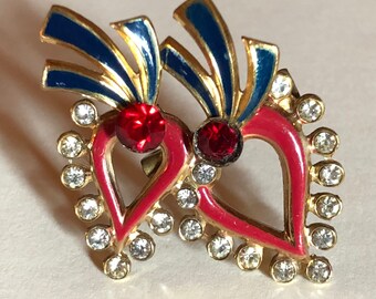 1920s/30s Art Deco Style Brooch Blue Enamel Red White Rhinestone Brass Vintage Party Brooch Rare Art Deco Costume Pin Art Deco Jewelry Gift