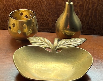 Vintage Brass Decor Set: Apple Dish, Pear Bell, Candle Holder & Basket
