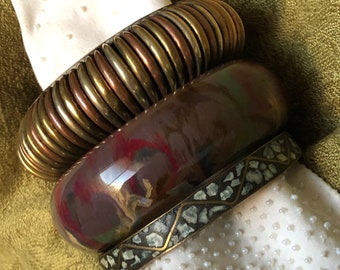 Vintage India Bangle Trio: Mixed Metal, Resin Wood, Inlaid Stone Bracelet Set
