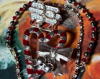 Vintage Holiday Brooch & Bracelet Set: Roman Sleigh, Candy Cane, Crystal Bead