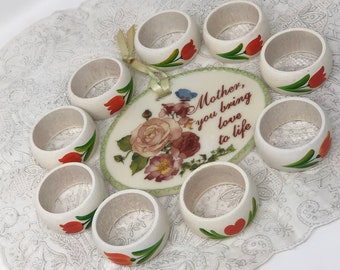 Floral Mom Gifts Hand Painted Wood Napkin Rings 8 Tulip 1 Heart Porcelain Rose “Mother, You Bring Love To Life” Wall Plaque Mother’s Gift