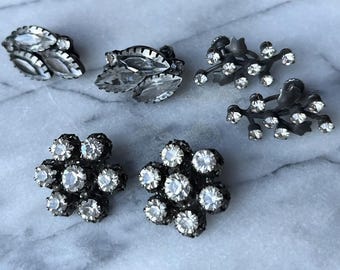 Vintage Choose 1 Japanned/Dark Metal Rhinestone Earrings: Austria/Open Back Clipons, Floral Screwback