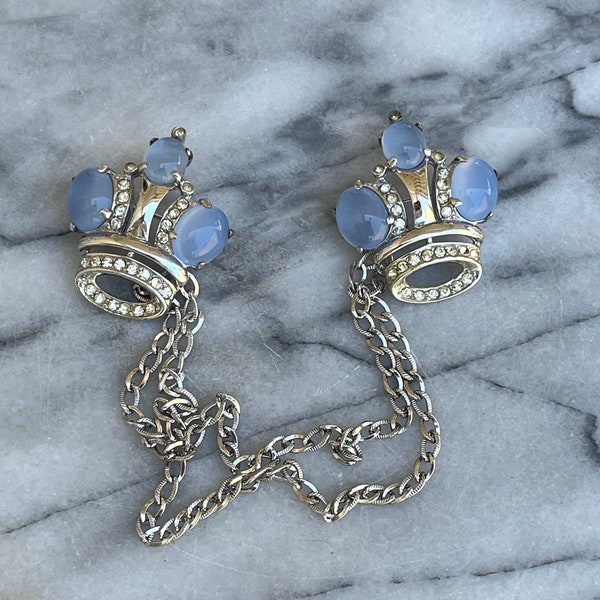 Rare Vintage Double Chatelaine Sterling Crown Brooch Pair Moonstone Rhinestone Double Chain Gorgeous Sterling Crown Moonstone Jewelry