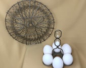 Vintage Metal Kitchen Egg Pair 6 Egg Boiling Rack Japan Egg Cooker w Sand Timer French Style Folding Wire Egg Basket Colander Easter Gifts