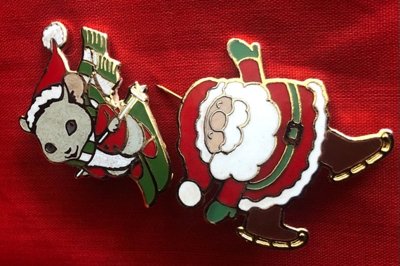 Vintage Hallmark Christmas Cloisonné Brooch Pair … - image 2