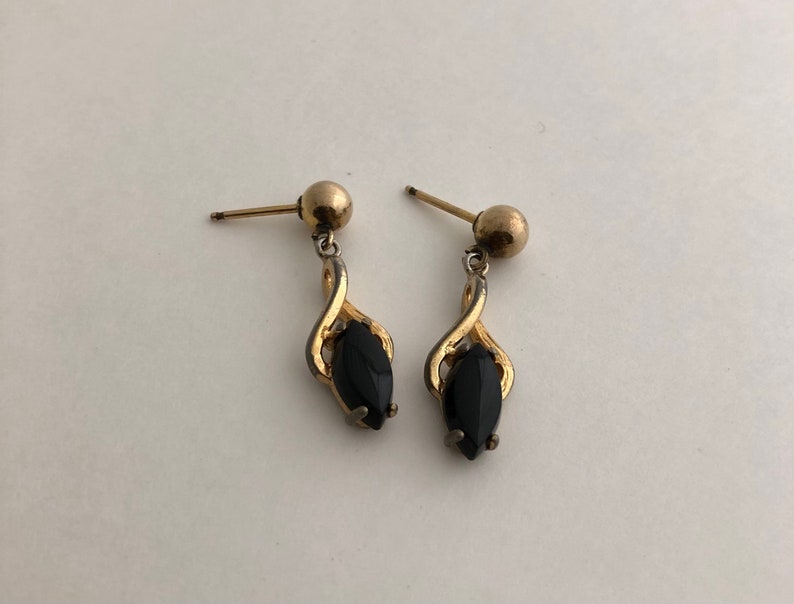 1940s Art Deco Style Onyx Earrings Rare Marquise Post Dangles Gold Tone Vintage 40s Costume Jewelry 1940s Style Black Stone Lover Jewelry