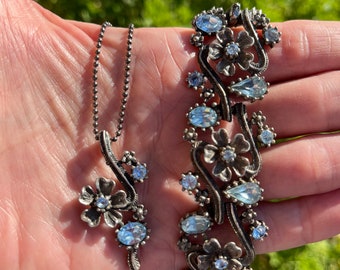 Vintage Rhinestone Floral Bracelet & Pendant Set, Blue Pewter Tone (6" inch)