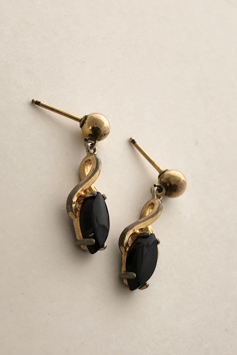 1940s Art Deco Style Onyx Earrings Rare Marquise Post Dangles Gold Tone Vintage 40s Costume Jewelry 1940s Style Black Stone Lover Jewelry
