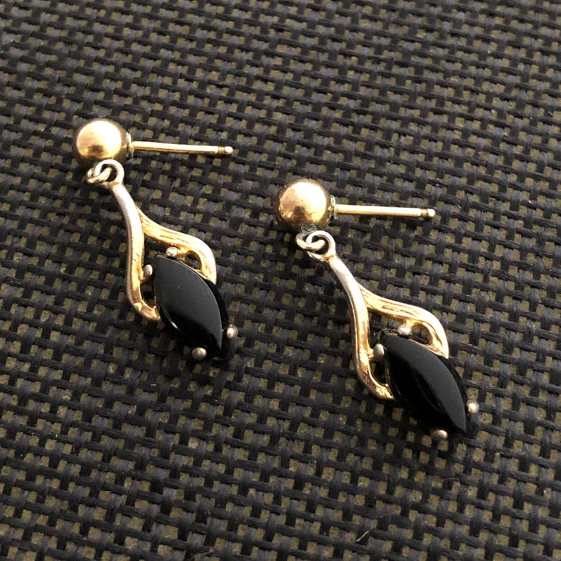 1940s Art Deco Style Onyx Earrings Rare Marquise Post Dangles Gold Tone Vintage 40s Costume Jewelry 1940s Style Black Stone Lover Jewelry