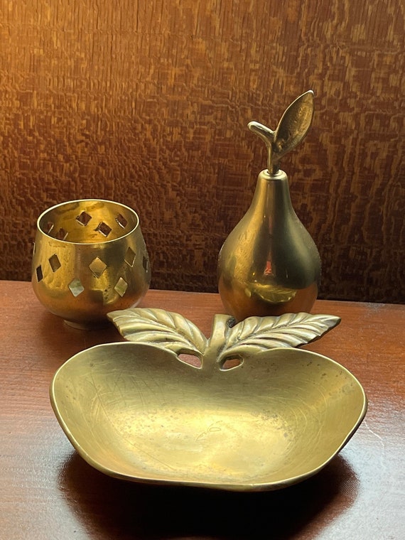 Vintage Brass Decor Set: Apple Dish, Pear Bell, Candle Holder & Basket