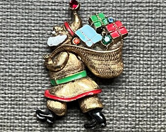 Vintage ART Santa Brooch: Gold Tone, Rhinestone Enamel Santa Claus , Designer Jewelry Collector Gift