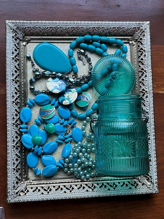 Vintage Teal Blue Plastic/Lucite/Moonglow/Wood Jewelry Value Group In Avon Teal Jar 4 Necklaces 3 Earrings Wear/Craft/Sell