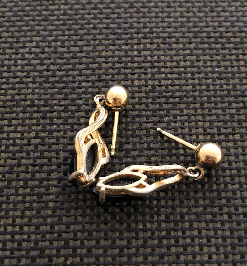 1940s Art Deco Style Onyx Earrings Rare Marquise Post Dangles Gold Tone Vintage 40s Costume Jewelry 1940s Style Black Stone Lover Jewelry