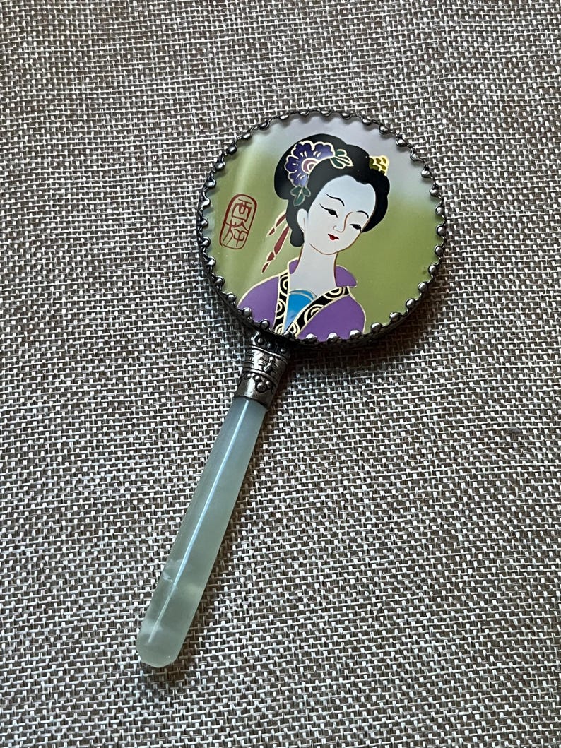 Traditional Geisha Mirror Vintage Hand Painted Geisha Girl Mirror: Jade/quartz Handle, Colorful ...