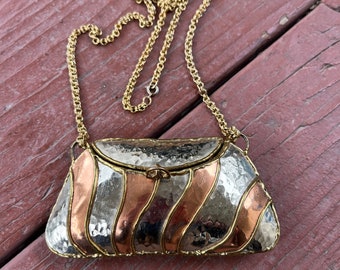 1970s Exart Signed Mixed Metal Purse: Hinged Lid, Bonus Butterfly Hair Clip & Vintage Chain