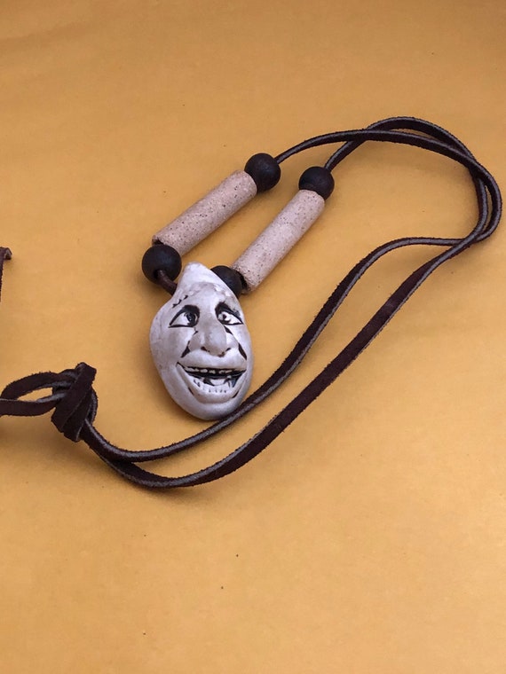 Vintage Funny Face Boho Clay Pendant Necklace Hand