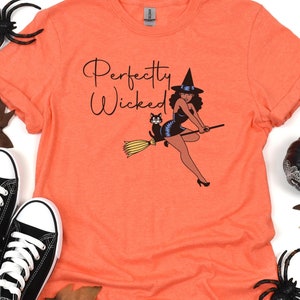 Perfectly Wicked | Pin-up Witch with Black Cat | Halloween Shirt |