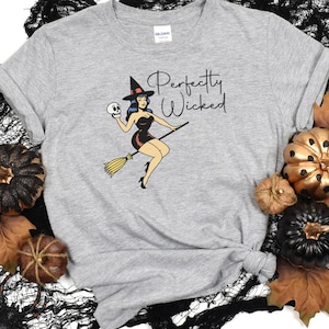 Perfectly Wicked | Pin-up Witch with Skull | Halloween Shirt |