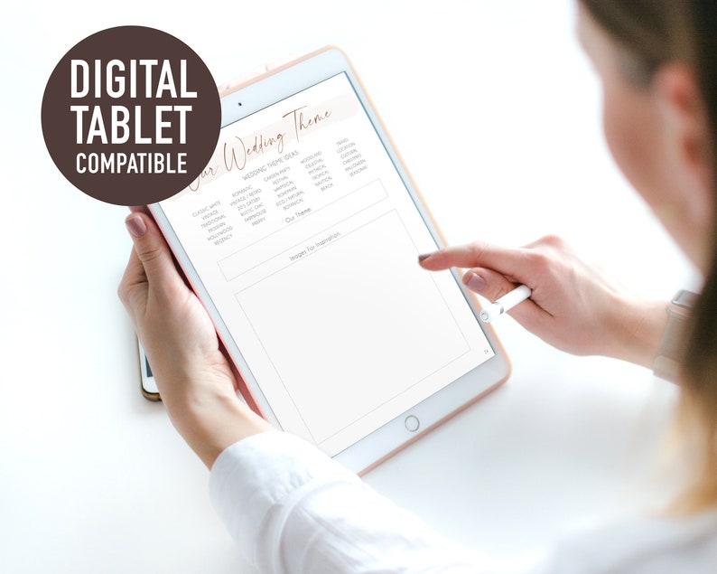 May include: A digital tablet displaying a wedding theme planner with a list of wedding theme ideas, including "Bohemian", "Rustic", "Modern", "Classic", "Vintage", "Tropical", "Beach", "Garden", "Elegant", "Minimalist", "Industrial", "Art Deco", "Fairy Tale", "Enchanted Forest", "Hollywood Glamour", "Masquerade", "Nautical", "Winter Wonderland", "Destination", "Country", "Barn", "Black Tie", "Casual", "Formal", "Semi-Formal", "Cocktail", "Theme Party", "Color Palette", "Wedding Colors", "Wedding Style", "Wedding Vibe", "Wedding Mood", "Wedding Inspiration", "Wedding Ideas", "Wedding Theme Ideas", "Wedding Theme Inspiration", "Wedding Theme", "Our Theme", "Images for Inspiration".