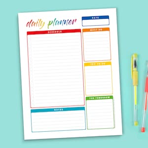 Daily Planner Printable – Rainbow One Day Digital PDF for Tablet / Print – Today To Do List – Schedule Plan Work Home Office Student College