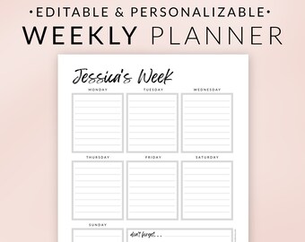 Editable Weekly Planner Printable – CANVA Planner Template – Personalized Planner – One Week At A Glance – To Do List – Digital Download
