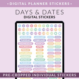 Dates Digital Planner Stickers – Rainbow Date Dots – Numbers Days Months Years BuJo Digital Stickers PNG – Goodnotes + ANY Notation App