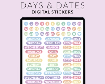 Dates Digital Planner Stickers – Rainbow Date Dots – Numbers Days Months Years BuJo Digital Stickers PNG – Goodnotes + ANY Notation App