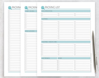 Invulbare, afdrukbare PDF-sjabloon voor reisinpaklijst – checklist voor vakantie-inpak van 3 pagina's – checklist voor vakantiecruisetrips Digitale download