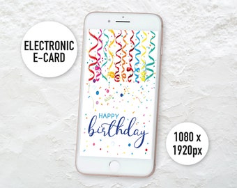 Digital E-Card Birthday – Electronic Birthday Card – Party Streamers Celebration for Men Women & Kids – Instant Mobile Phone SMS Text Image