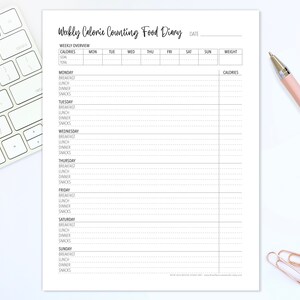 Calorie Counting Food Diary Printable – Weekly Weight Loss Journal ...