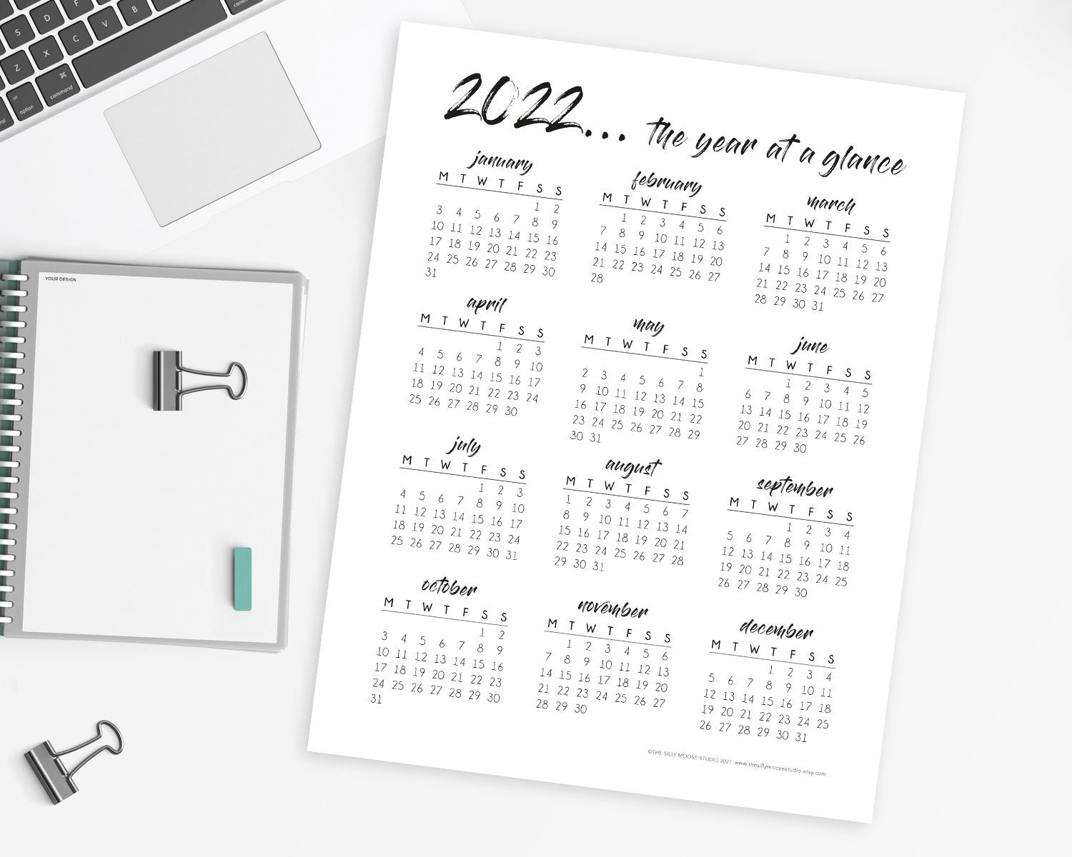 2022 yearly calendar printable monday start year at a etsy